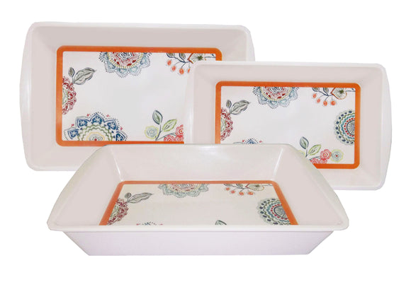 3-piece Rectangular Tray Plate Set Orange